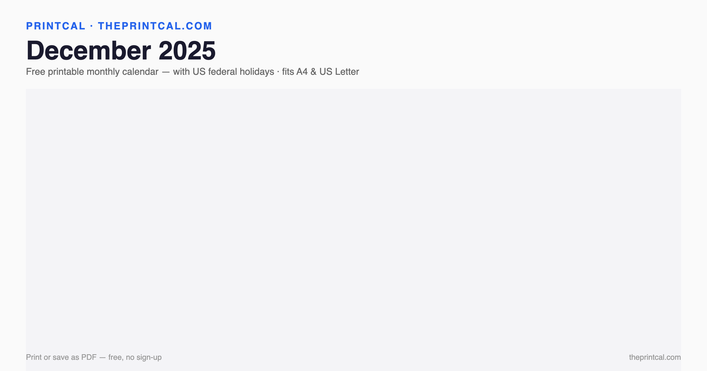 December 2025 calendar grid with US federal holidays marked