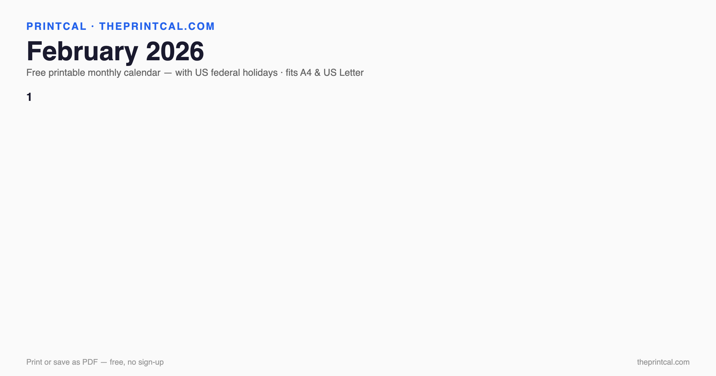 February 2026 calendar grid with US federal holidays marked
