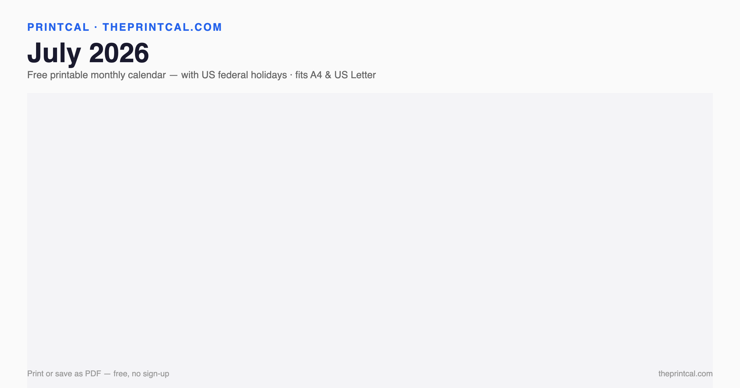 July 2026 calendar grid with US federal holidays marked