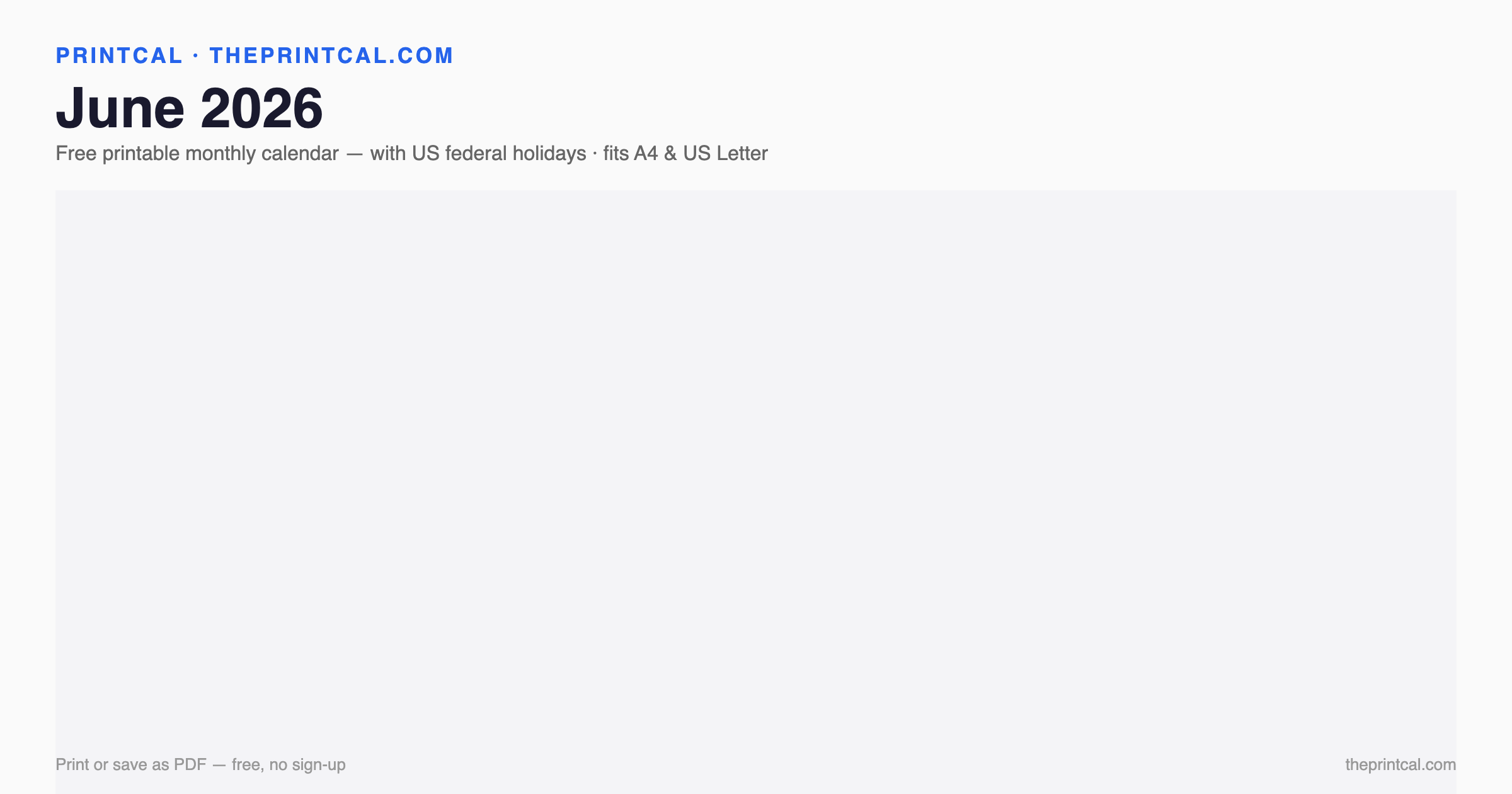 June 2026 calendar grid with US federal holidays marked