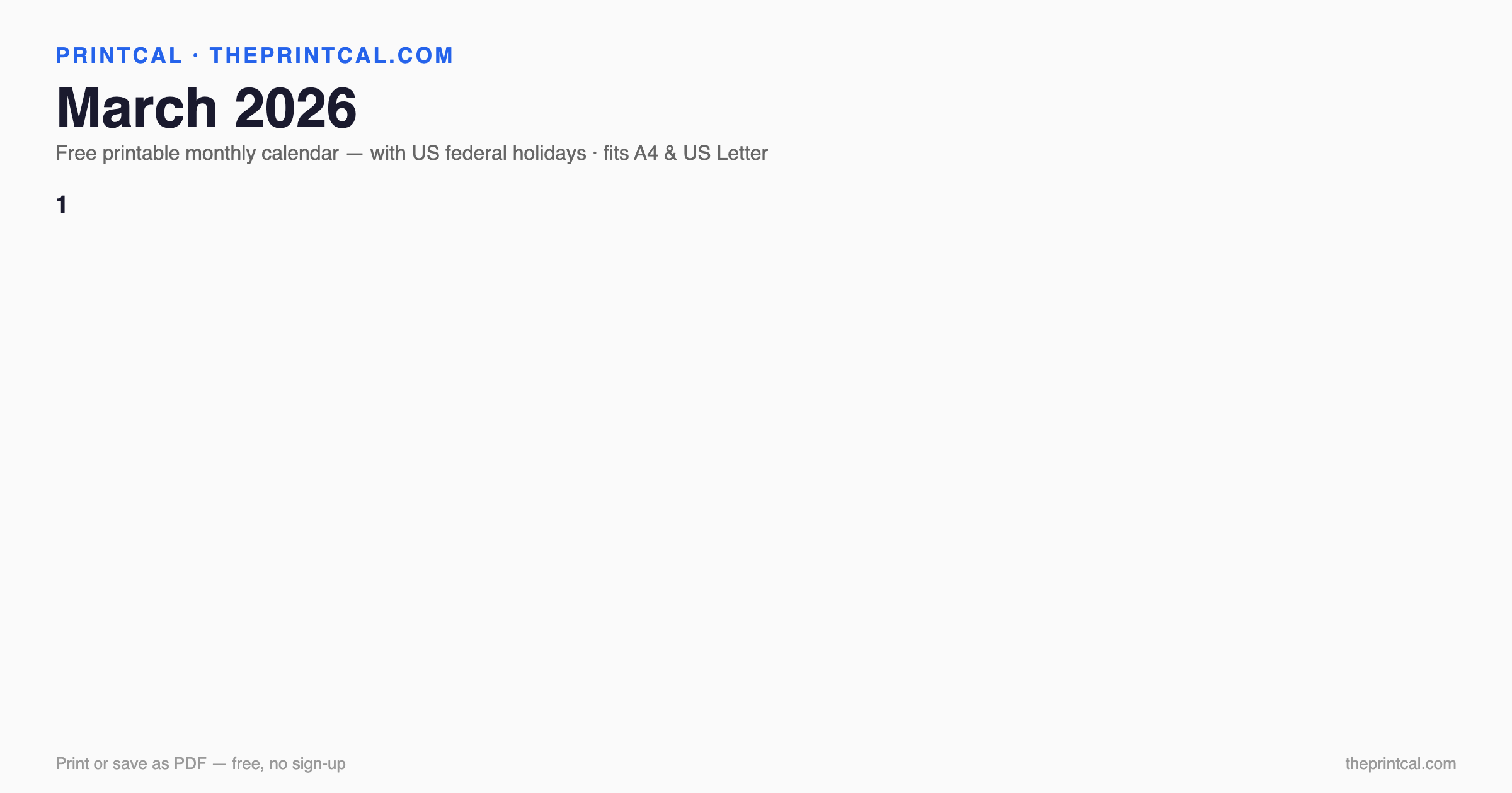 March 2026 calendar grid with US federal holidays marked