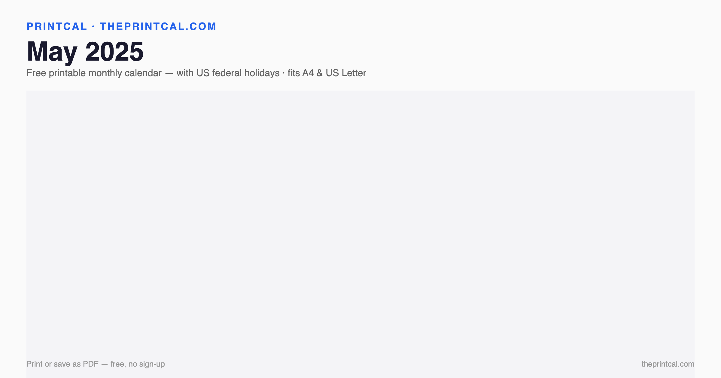 May 2025 calendar grid with US federal holidays marked
