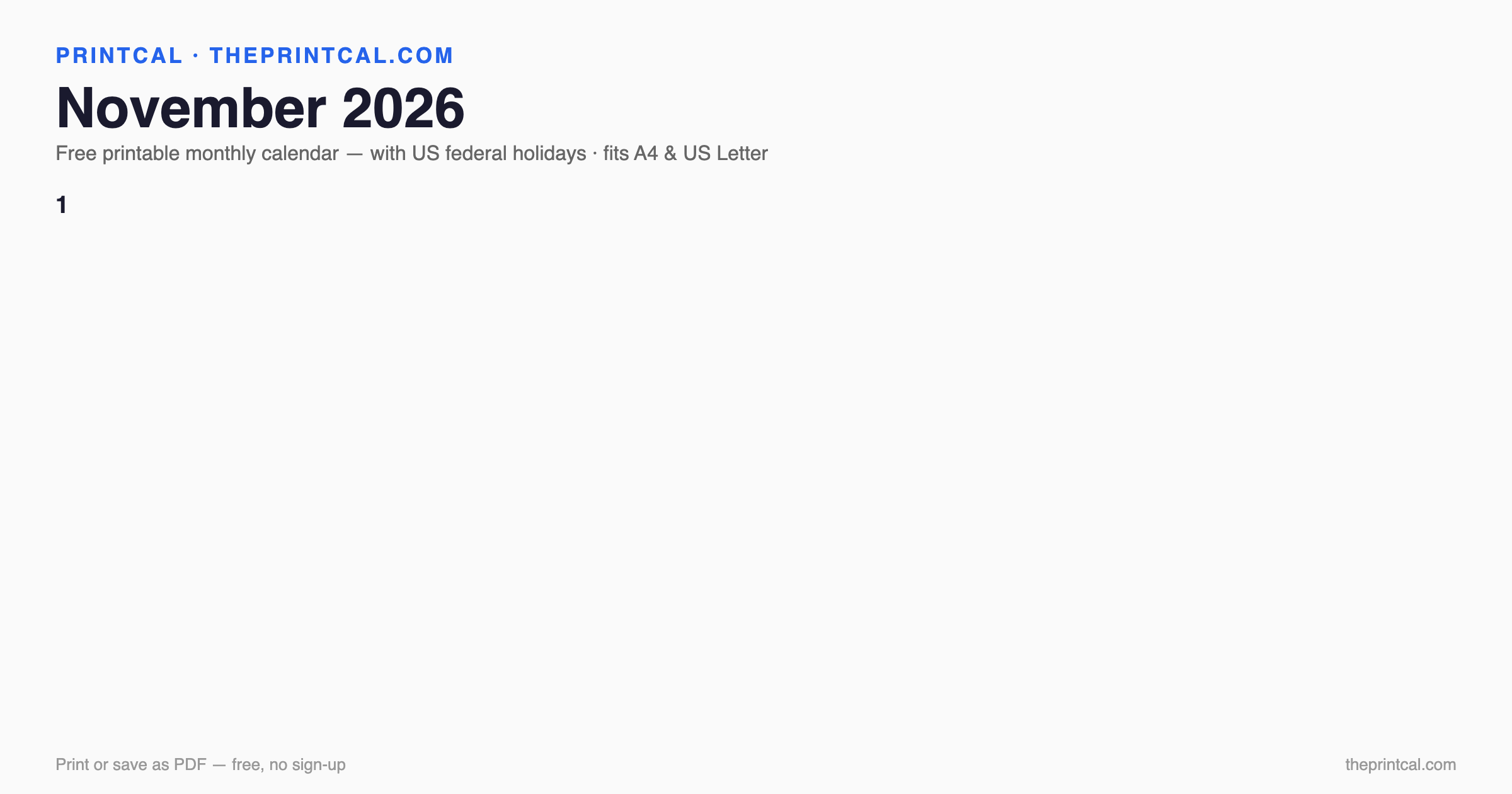 November 2026 calendar grid with US federal holidays marked